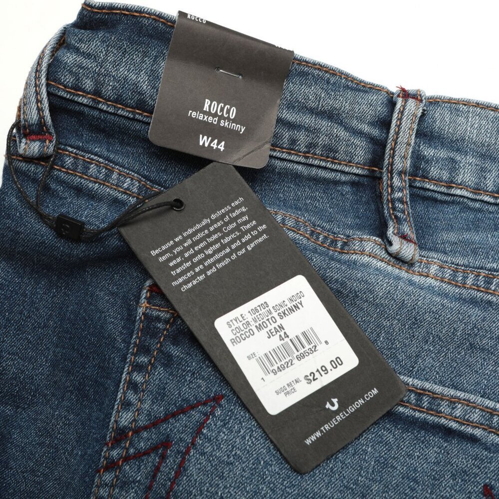 True Religion Mens Rocco Moto Skinny Jeans Stretch Designer Blue Denim Sz 44 NEW - Picture 7 of 13